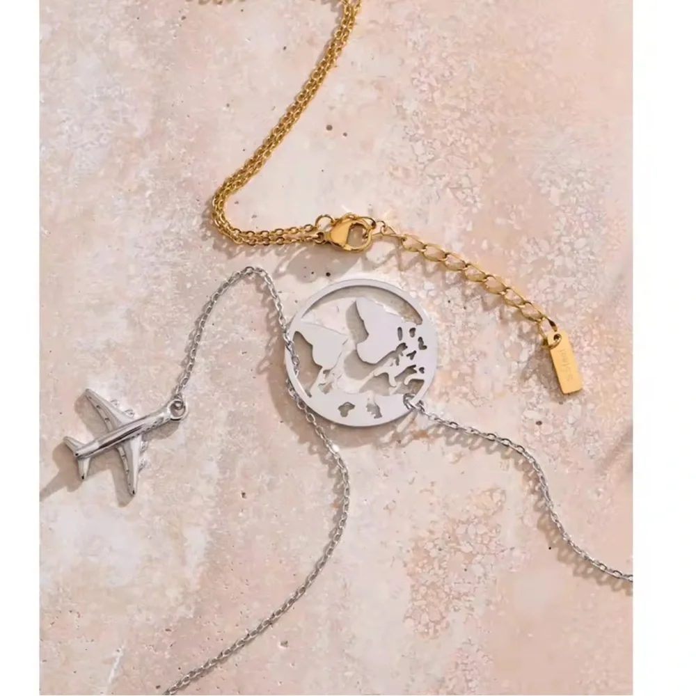 Traveller Airplane Gold World Map Necklace